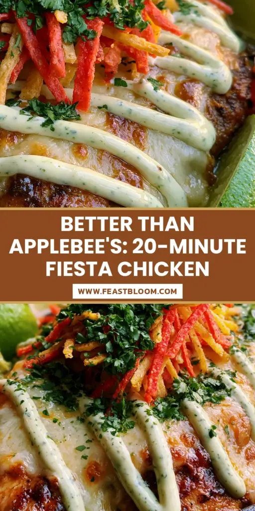 A close-up vertical shot of Fiesta Lime Chicken in a cast iron skillet with bubbling cheese, tortilla strips, and cilantro lime ranch drizzle.