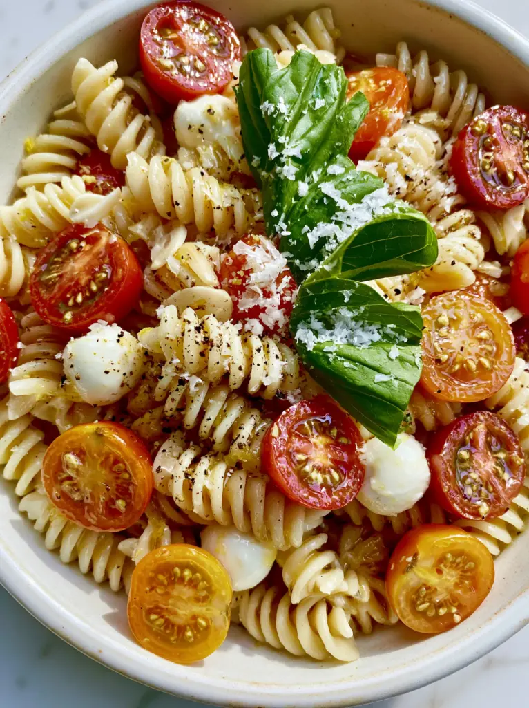 Top-down view of summer pasta recipes in a rustic white bowl with mozzarella pearls and raw garlic slivers.