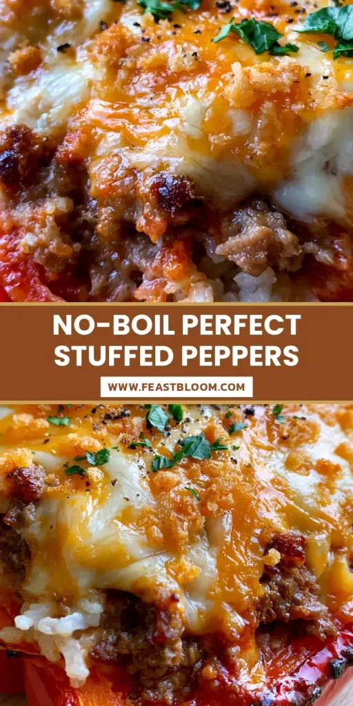 A close-up vertical shot of a vibrant red bell pepper stuffed with beef and rice, topped with melted mozzarella and toasted breadcrumbs for a classic stuffed peppers recipe.