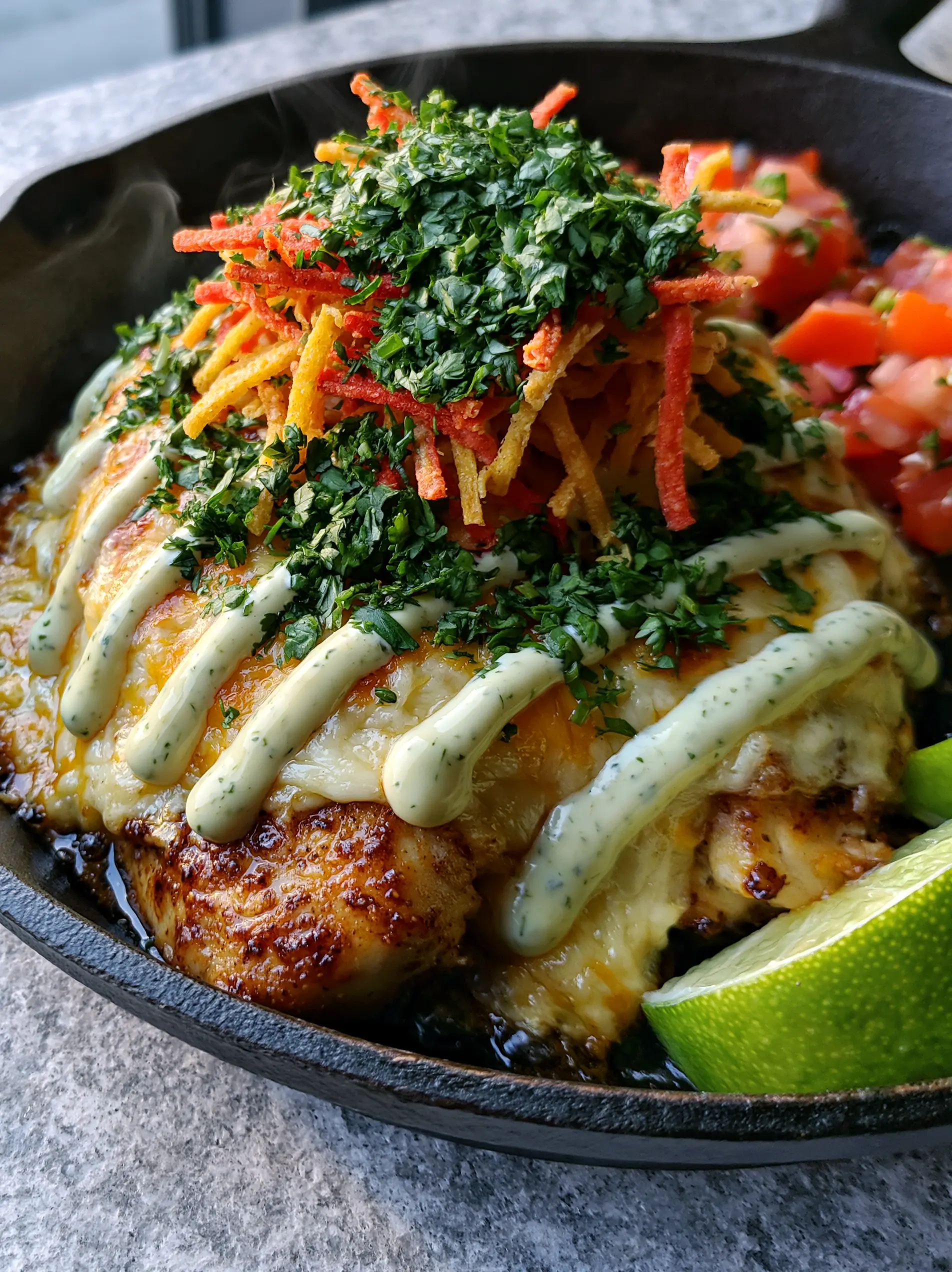 High-angle macro shot of sizzling Fiesta Lime Chicken in a cast iron skillet with melted Monterey Jack and sharp cheddar cheese.