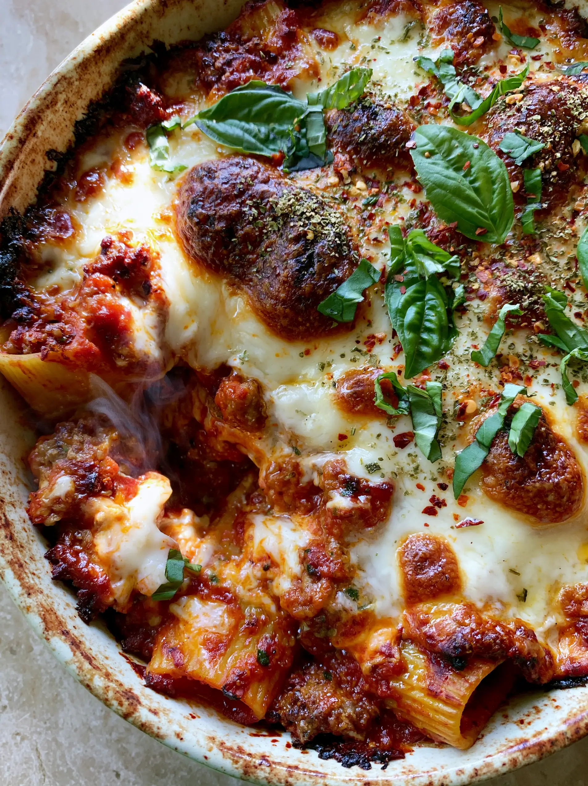 Close-up of molten mozzarella and provolone cheese on a Rustic Italian bake with crispy edges and steam.