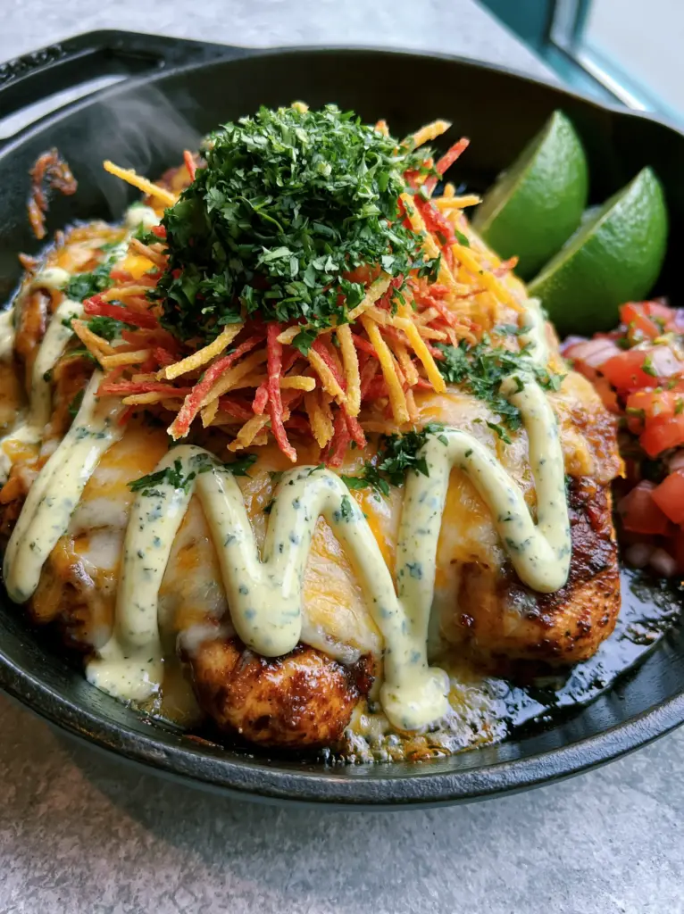 Detailed view of Fiesta Lime Chicken topped with red and yellow tortilla strips, fresh cilantro, and a creamy lime ranch drizzle.