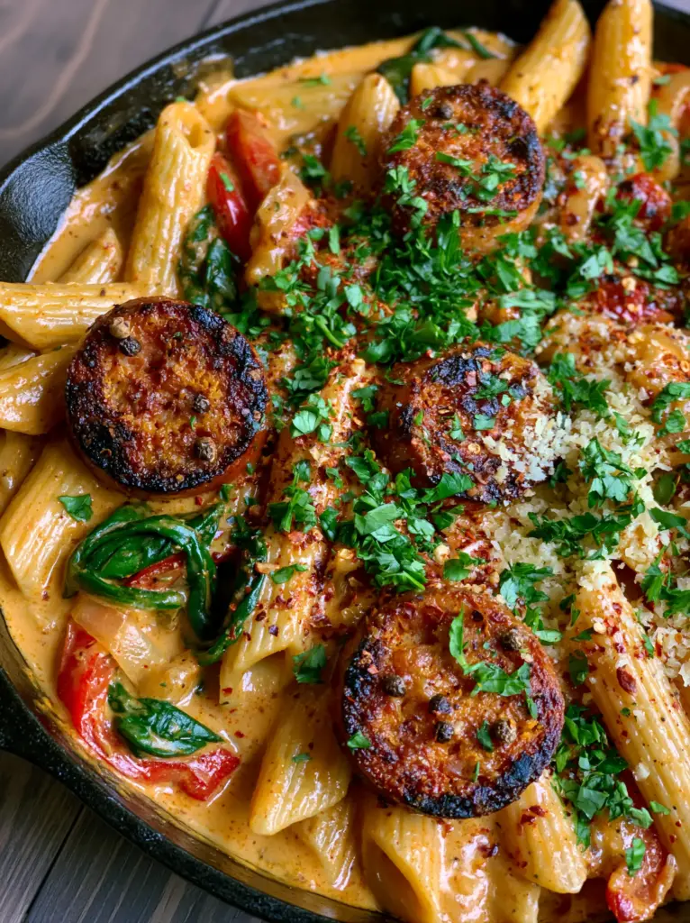 Extreme overhead shot of Cajun sausage pasta garnished with fresh parsley and red pepper flakes in a skillet.