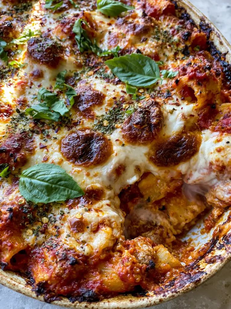 A deep scoop removed from a Rustic Italian bake showing the saucy rigatoni and browned sausage layers.