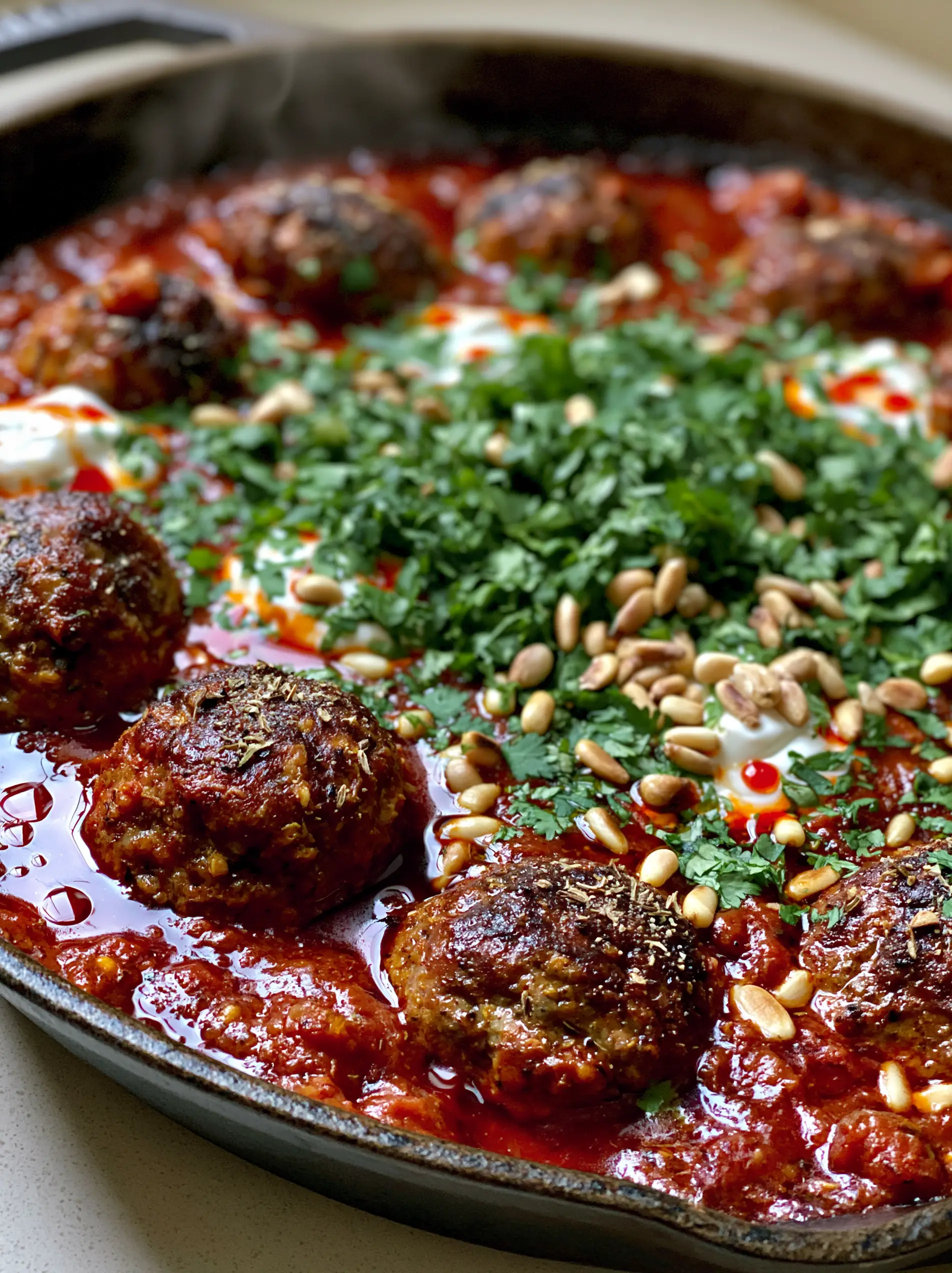 Close-up of seared Moroccan meatballs with cracked black pepper and bubbling tomato sauce in a skillet. (Moroccan meatballs)
