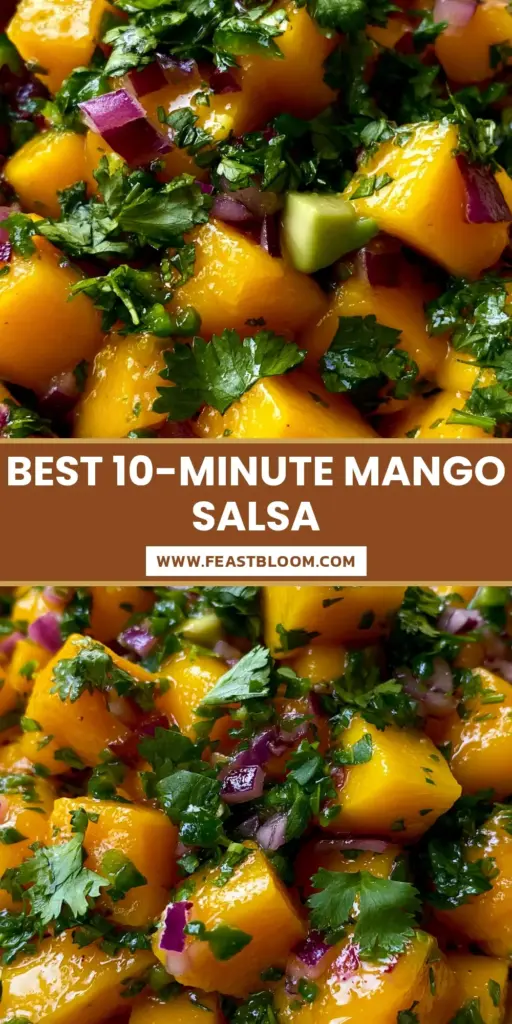 A Pinterest-style vertical graphic showing a close-up Mango Salsa Recipe with vibrant orange mango cubes and purple red onions.