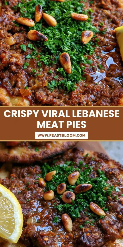 A stack of authentic Lahm Bi Ajeen sfiha meat pies on a rustic wooden board, garnished with toasted pine nuts and fresh parsley.