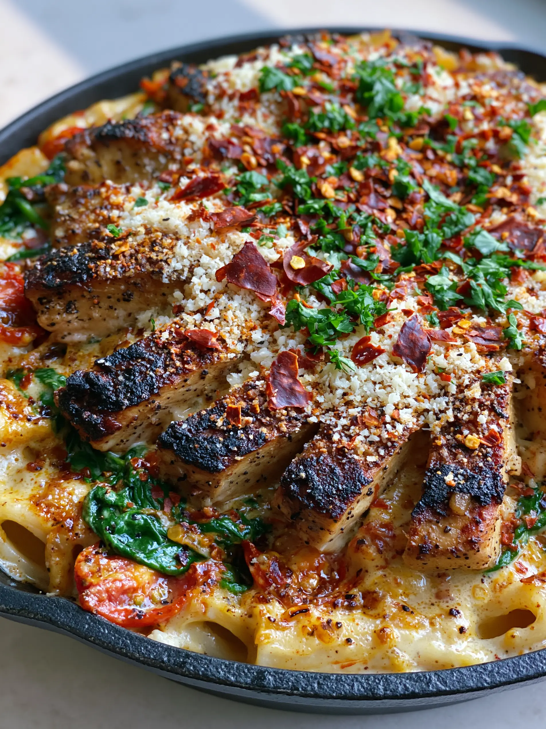 Close-up of thick pan-seared chicken with charred edges over rigatoni in a golden garlic sauce. (quick recipes)