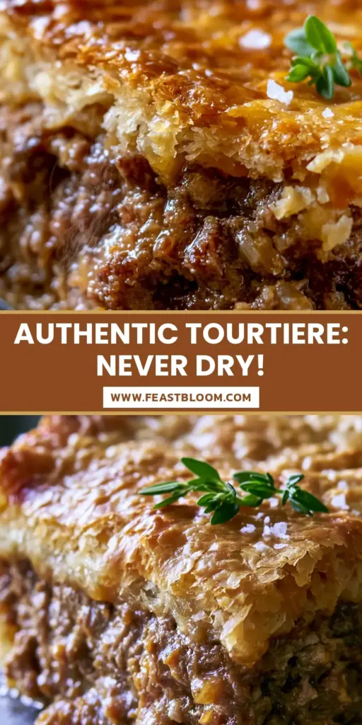 A thick slice of French Meat Pie on a dark slate plate with shattered puff pastry and glistening meat filling. (French Meat Pie)