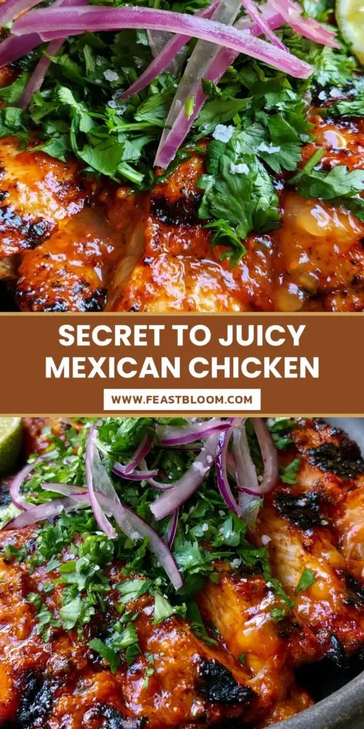 Slices of grilled chicken thighs with a glossy orange-red Mexican chicken marinade, topped with cilantro and red onions in a black bowl.