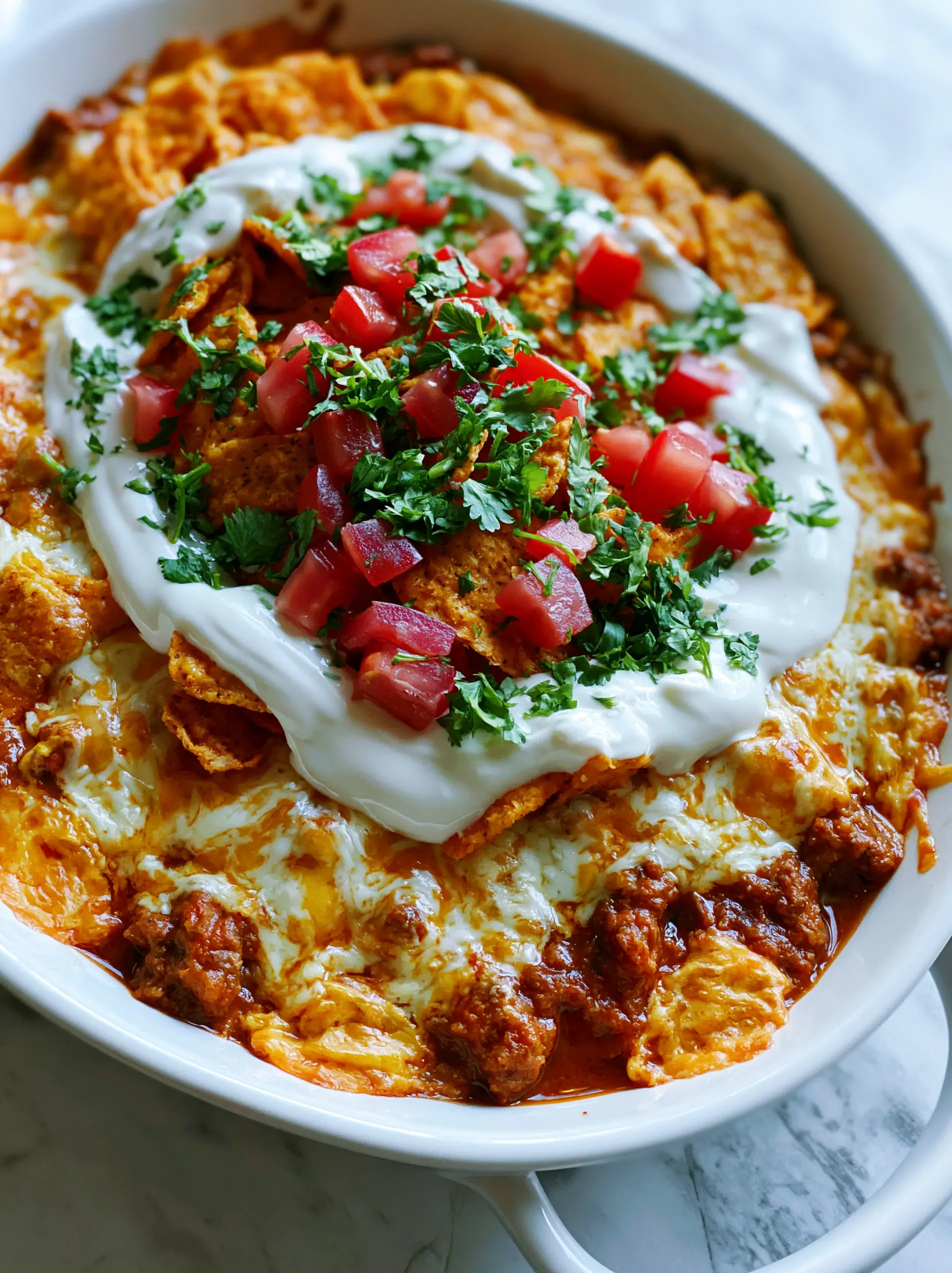 Close up of cheesy Mexican Dorito Casserole showing bubbling Monterey Jack cheese and toasted nacho cheese Doritos.