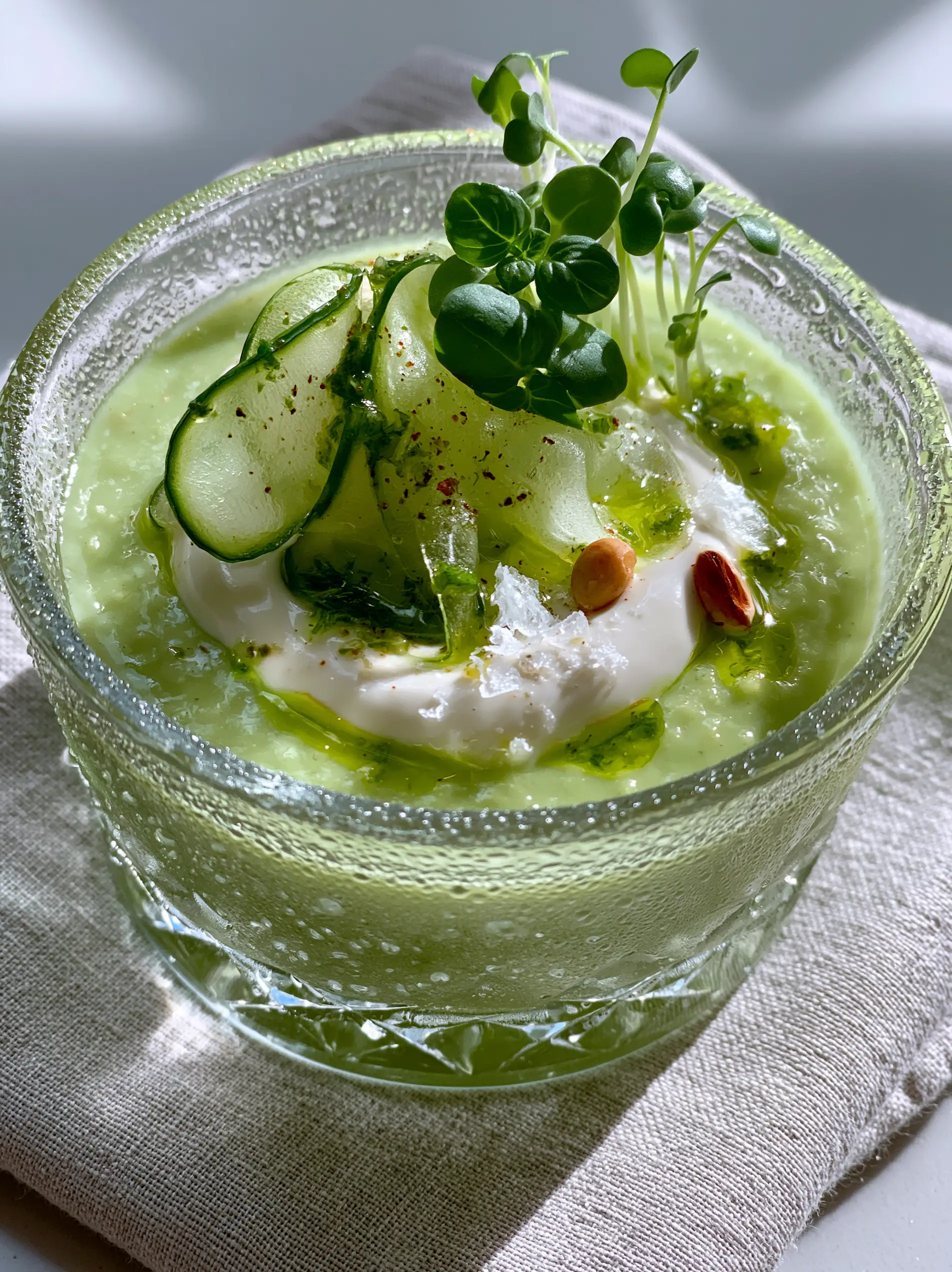 Top-down view of pale green cucumber soup with a white creme fraiche swirl and neon herb oil. (summer soups)