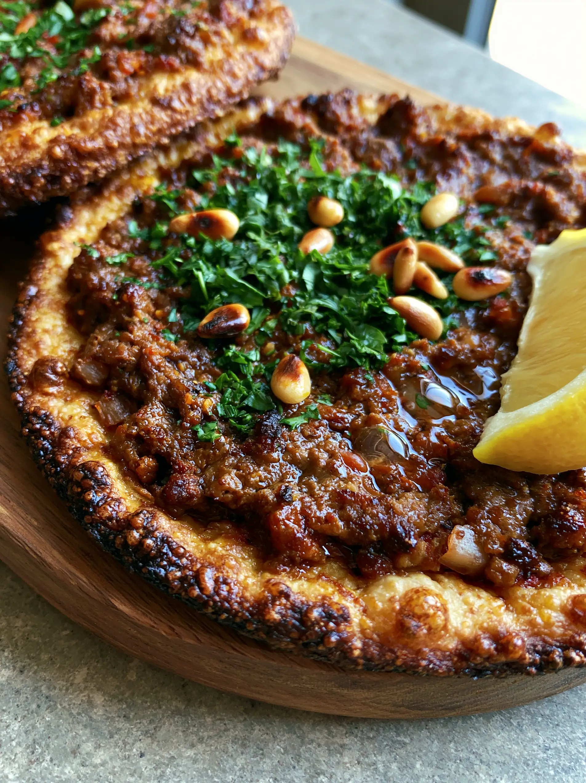 Close up photo of Lahm Bi Ajeen showing the thin golden-brown crispy dough and charred meat edges.