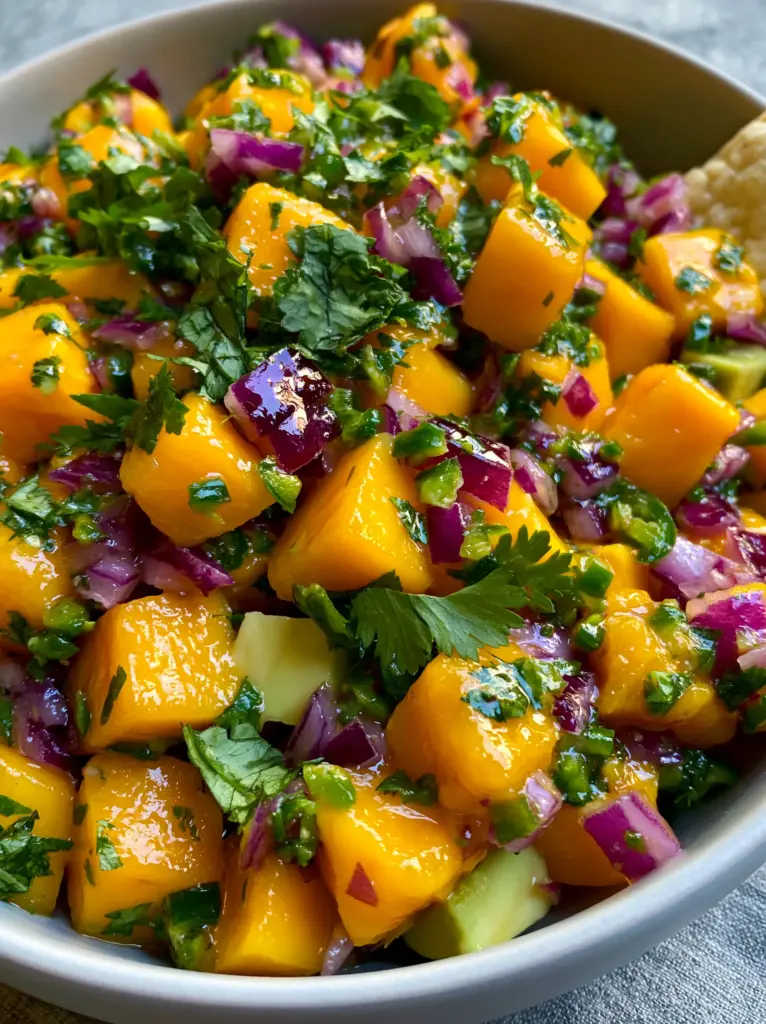 Close up of artisanal corn chip dipping into a vibrant Mango Salsa Recipe with avocado and red onion.