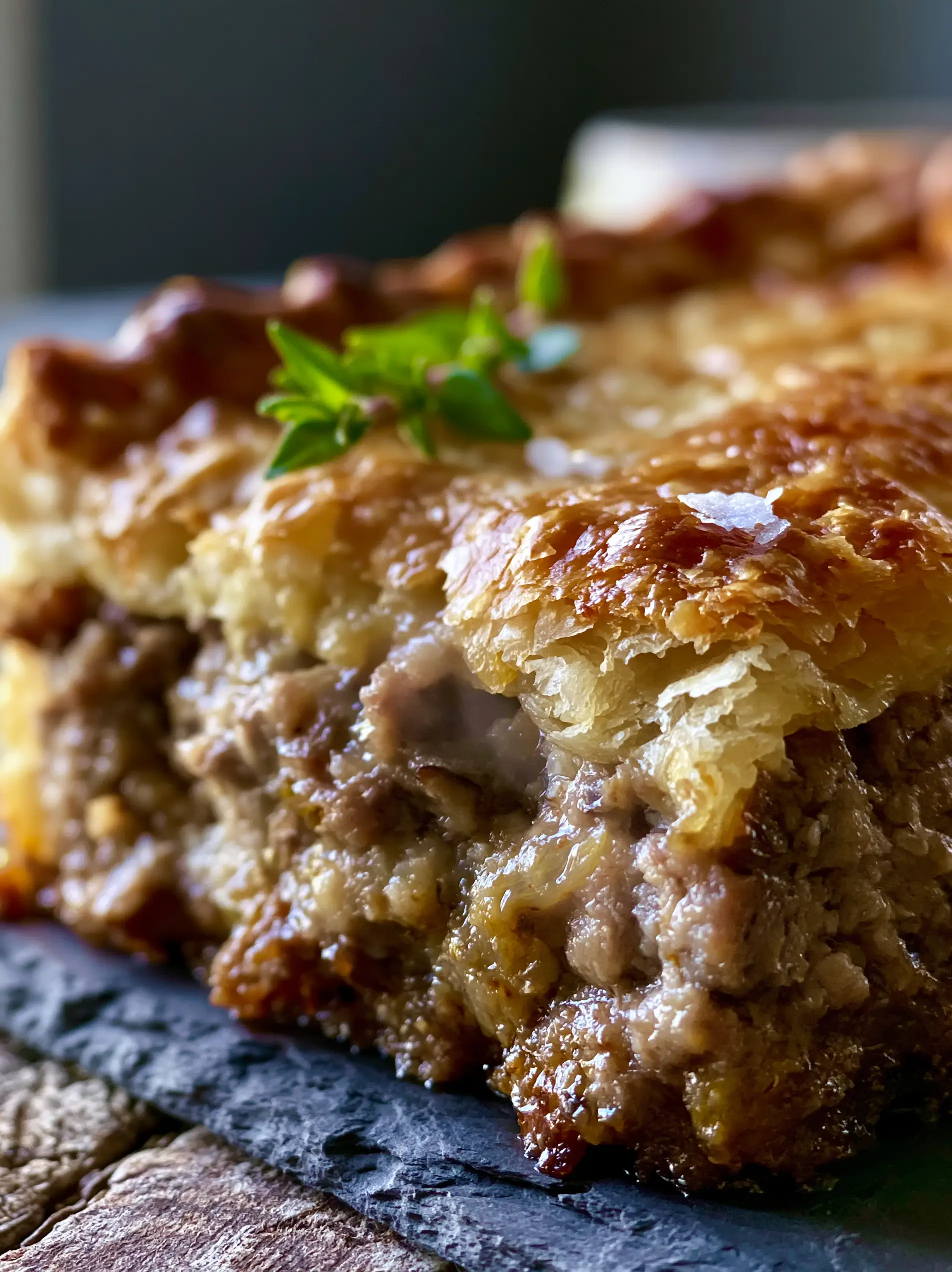 Extreme close-up macro shot of a single thick slice of French Meat Pie with golden-brown buttery pastry and fresh thyme. (French Meat Pie)